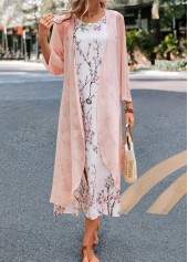 Floral Print Pink Maxi Long Sleeve Dress and Cardigan