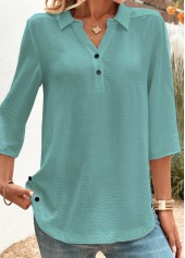 Button Peacock Blue 3/4 Sleeve Shirt Collar Blouse
