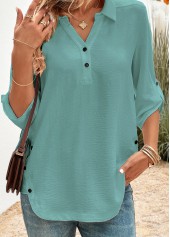 Button Peacock Blue 3/4 Sleeve Shirt Collar Blouse