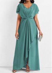 Lace Turquoise Short Sleeve V Neck Maxi Dress
