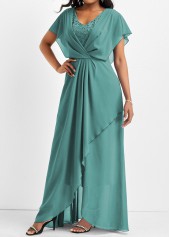 Lace Turquoise Short Sleeve V Neck Maxi Dress