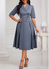 Dusty Blue Lapel Half Sleeve Asymmetry Dress
