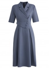 Dusty Blue Lapel Half Sleeve Asymmetry Dress
