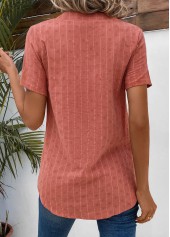 Striped Button Coral Split Neck Short Sleeve Blouse