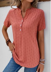 Striped Button Coral Split Neck Short Sleeve Blouse
