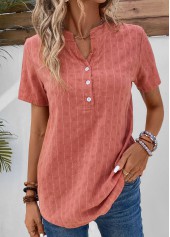 Striped Button Coral Split Neck Short Sleeve Blouse