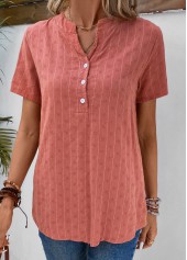Striped Button Coral Split Neck Short Sleeve Blouse