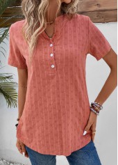 Striped Button Coral Split Neck Short Sleeve Blouse