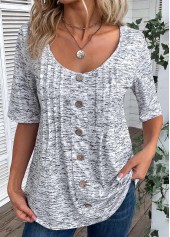 Button Scoop Neck Light Grey Marl T Shirt