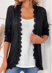 Scalloped Hem Black Long Sleeve Light Cardigan
