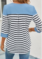 Striped Button Sky Blue Split Neck Blouse