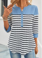 Striped Button Sky Blue Split Neck Blouse