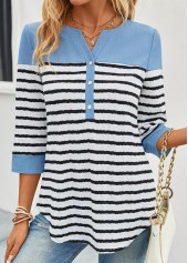 Striped Button Sky Blue Split Neck Blouse