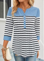 Striped Button Sky Blue Split Neck Blouse