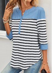 Striped Button Sky Blue Split Neck Blouse