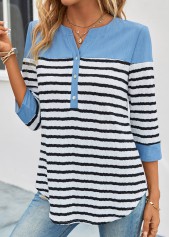 Striped Button Sky Blue Split Neck Blouse