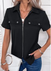 Zipper Turn Down Collar Short Sleeve Black Blouse