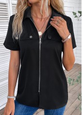Zipper Turn Down Collar Short Sleeve Black Blouse