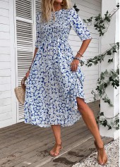 Ditsy Floral Print Smocked Blue Half Sleeve Dress