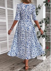 Ditsy Floral Print Smocked Blue Half Sleeve Dress