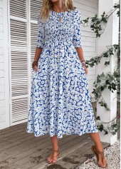 Ditsy Floral Print Smocked Blue Half Sleeve Dress