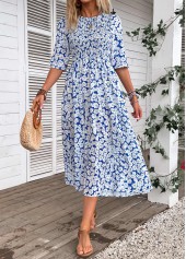 Ditsy Floral Print Smocked Blue Half Sleeve Dress
