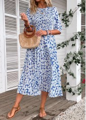 Ditsy Floral Print Smocked Blue Half Sleeve Dress