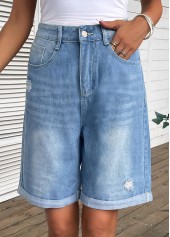 Pocket Denim Blue Button Fly High Waisted Shorts