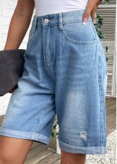 Pocket Denim Blue Button Fly High Waisted Shorts