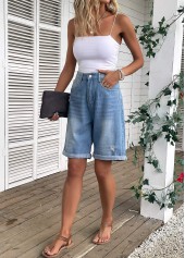 Pocket Denim Blue Button Fly High Waisted Shorts