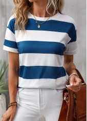 Striped Round Neck Short Sleeve Blue T Shirt