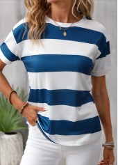 Striped Round Neck Short Sleeve Blue T Shirt