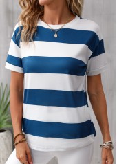 Striped Round Neck Short Sleeve Blue T Shirt