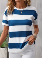 Striped Round Neck Short Sleeve Blue T Shirt