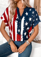 American Flag Print Button Multi Color T Shirt