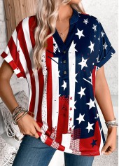 American Flag Print Button Multi Color T Shirt