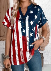 American Flag Print Button Multi Color T Shirt