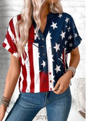 American Flag Print Button Multi Color T Shirt