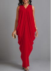 Red O Shape V Neck Split Maxi Dress