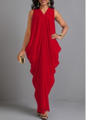 Red O Shape V Neck Split Maxi Dress
