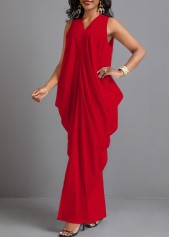 Red O Shape V Neck Split Maxi Dress