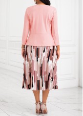 Geometric Print Tummy Coverage Belted Pink Dress and Cardigan