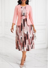 Geometric Print Tummy Coverage Belted Pink Dress and Cardigan
