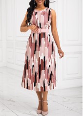 Geometric Print Tummy Coverage Belted Pink Dress and Cardigan
