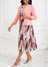 Geometric Print Tummy Coverage Belted Pink Dress and Cardigan