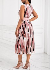 Geometric Print Tummy Coverage Belted Pink Dress and Cardigan