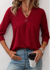 Circular Ring Split Neck Wine Red T Shirt