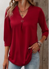 Circular Ring Split Neck Wine Red T Shirt