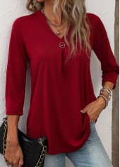Circular Ring Split Neck Wine Red T Shirt