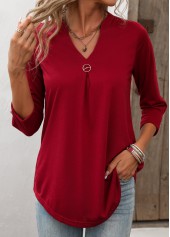 Circular Ring Split Neck Wine Red T Shirt